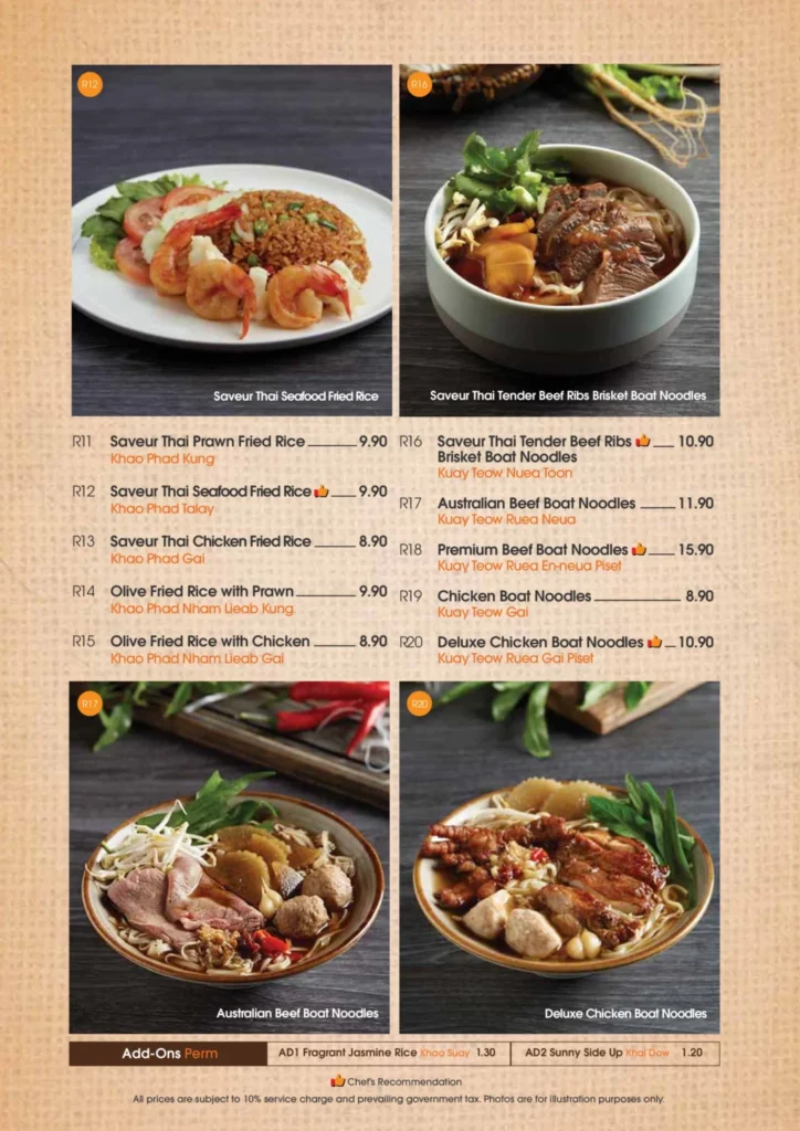 SAVEUR THAI MENU RICE NOODLES PRICES 1