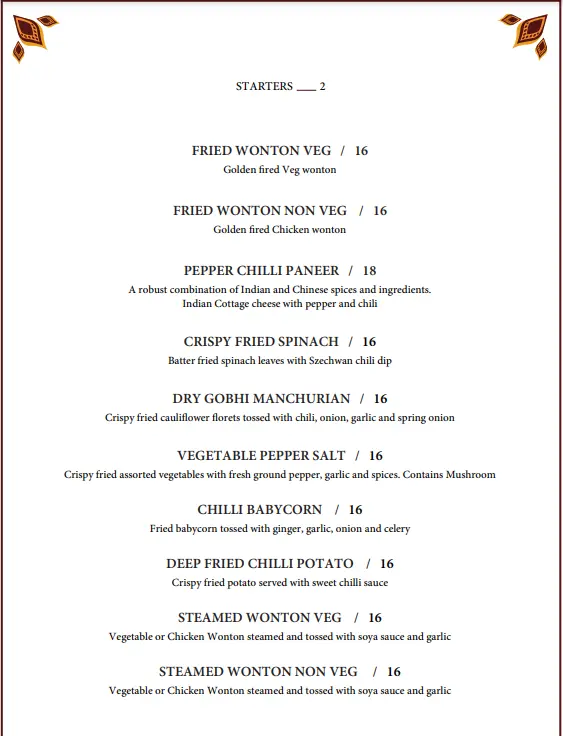 indian wok starters menu with prices 