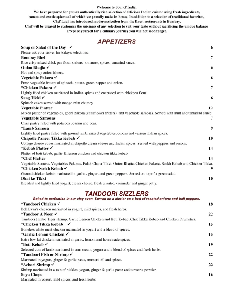 APPETIZERS & TANDOORI SIZZLERS MENU PRICES