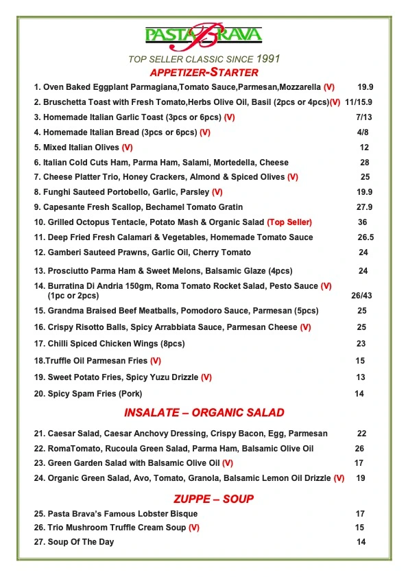 ASTA BRAVA APPETIZERS MENU WITH PRICES