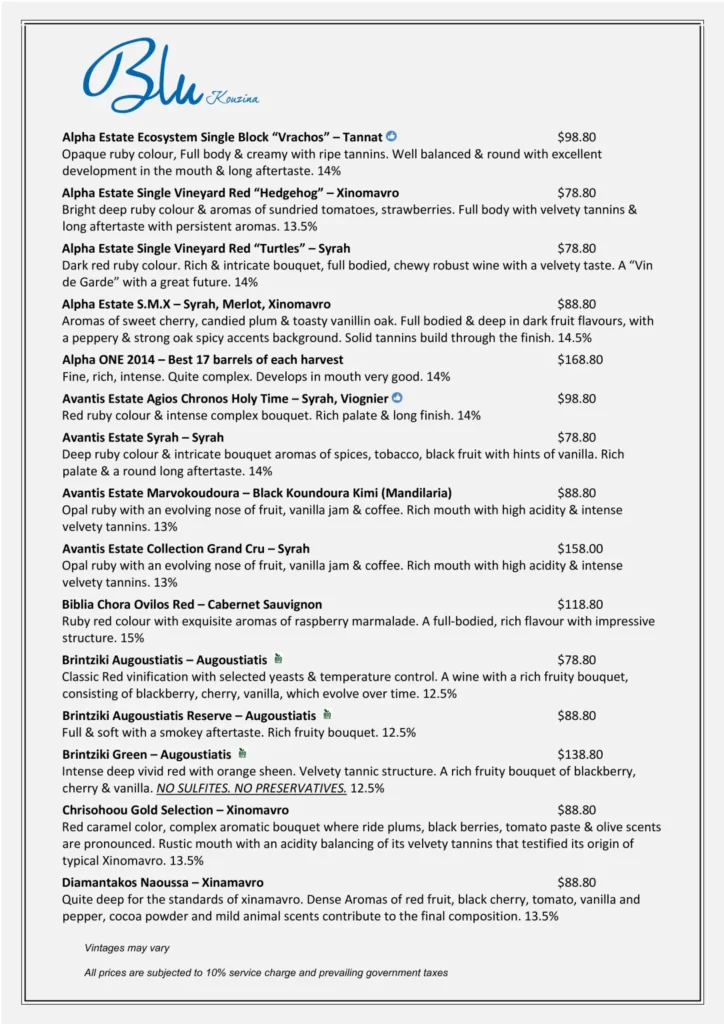 Blu Kouzina Singapore Red Menu With Price