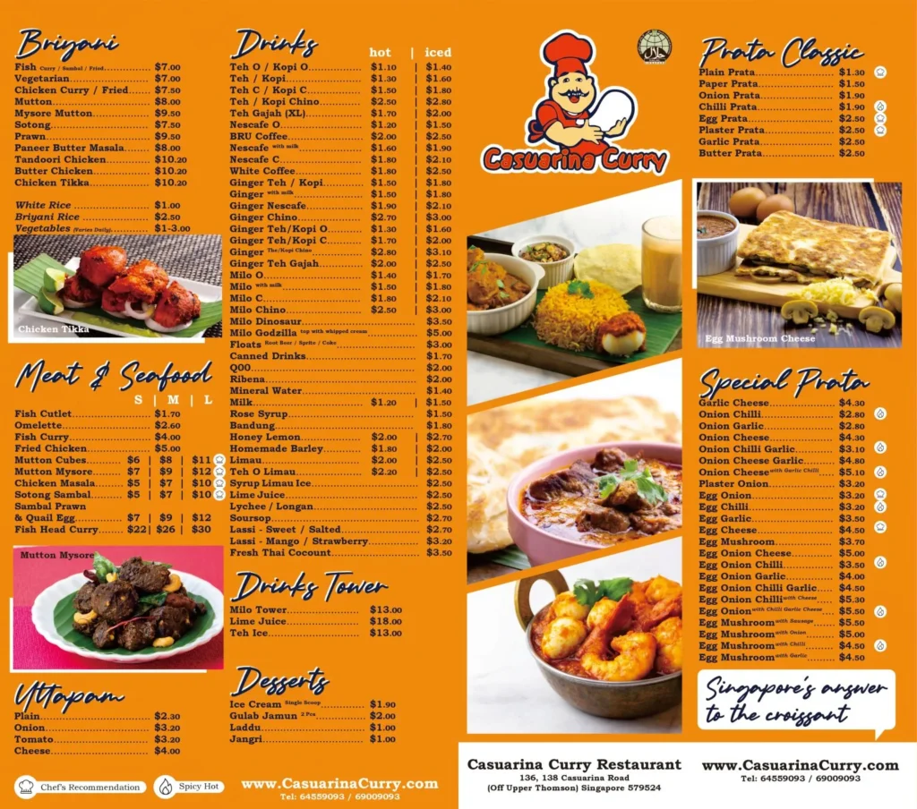 Casuarina Curry Meat and seafood Menu 