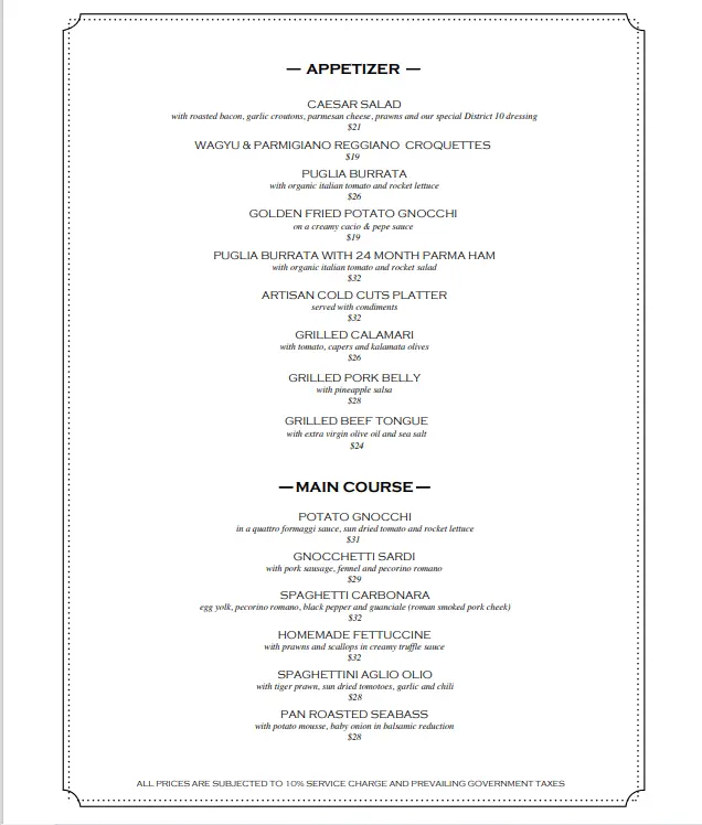 DISTRICT 10 APPETIZERS MENU WITH PRICES