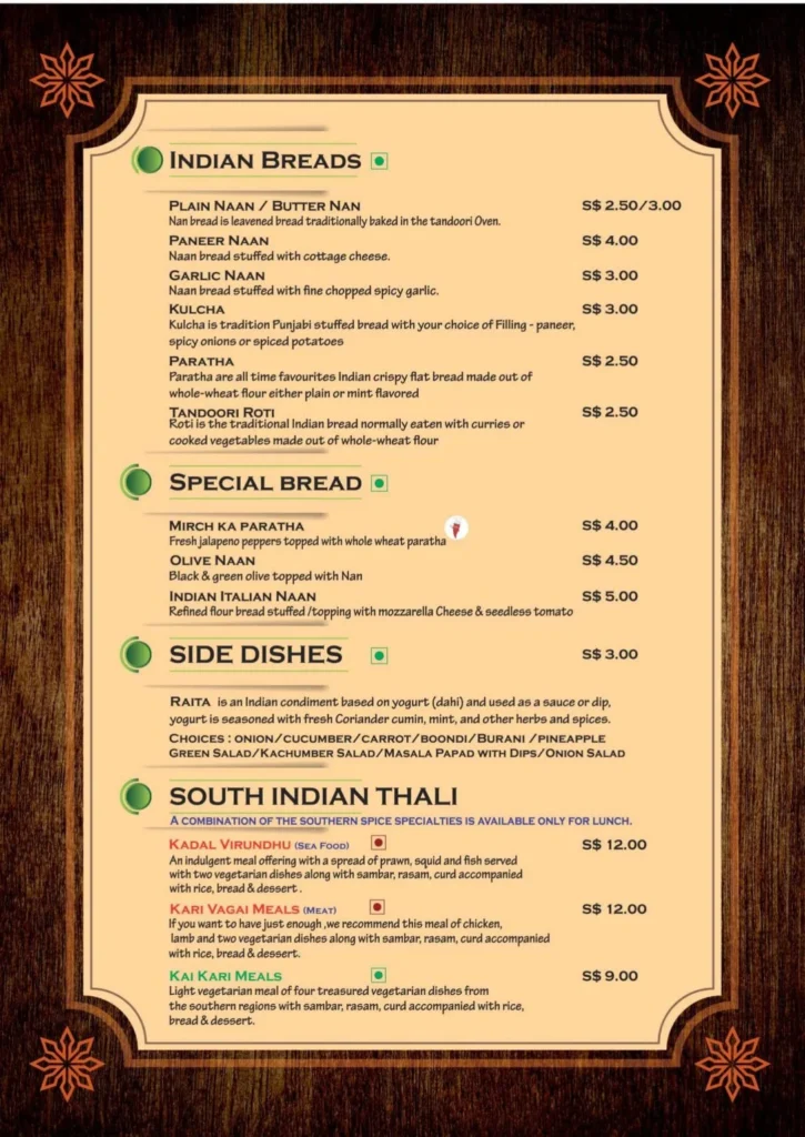 Nandhanas Restaurant bread menu