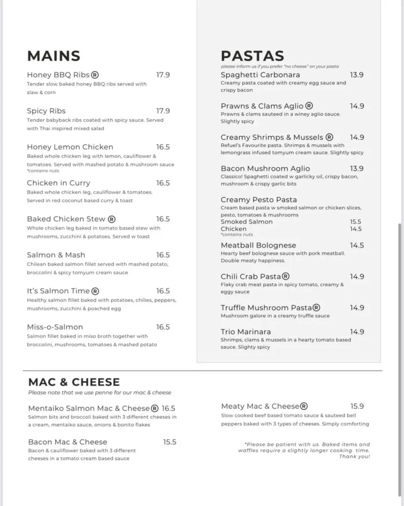 REFUEL CAFE MAC AND CHEESE MENU WITH PRICES