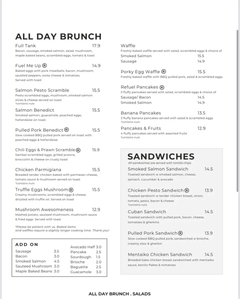 REFUEL CAFE MENU SINGAPORE & UPDATED PRICES 2024