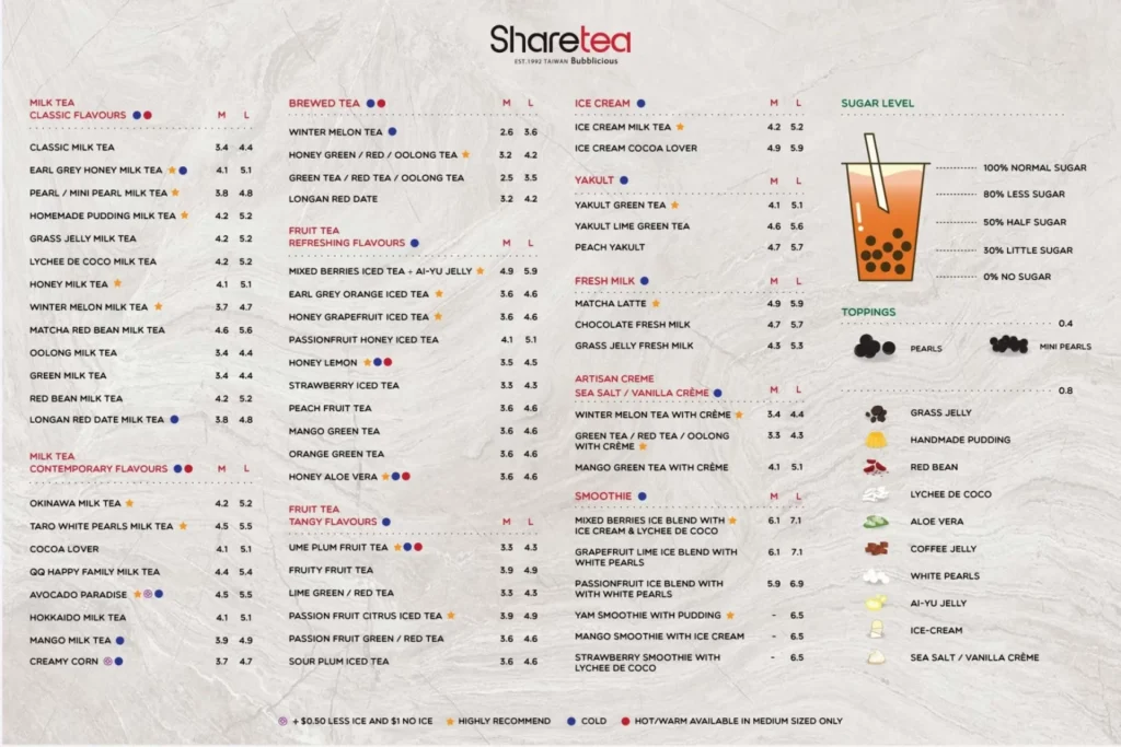 SHARETEA MENU SINGAPORE