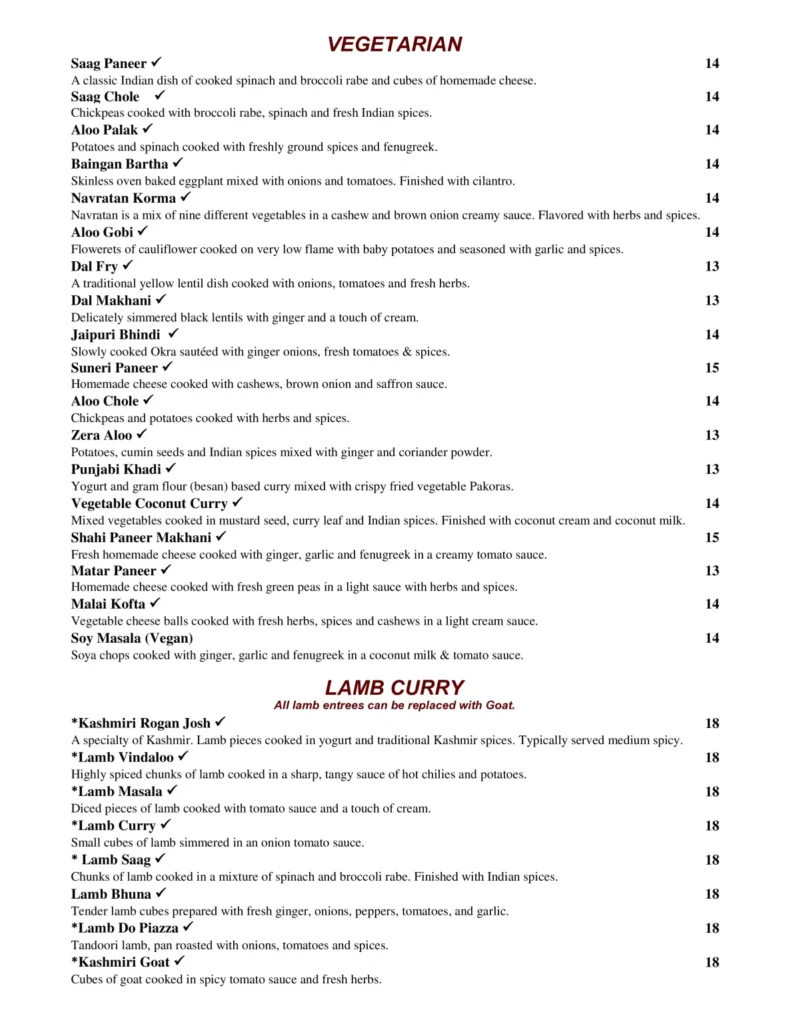 SOUL OF INDIA VEGETARIAN & LAMB CURRY MENU