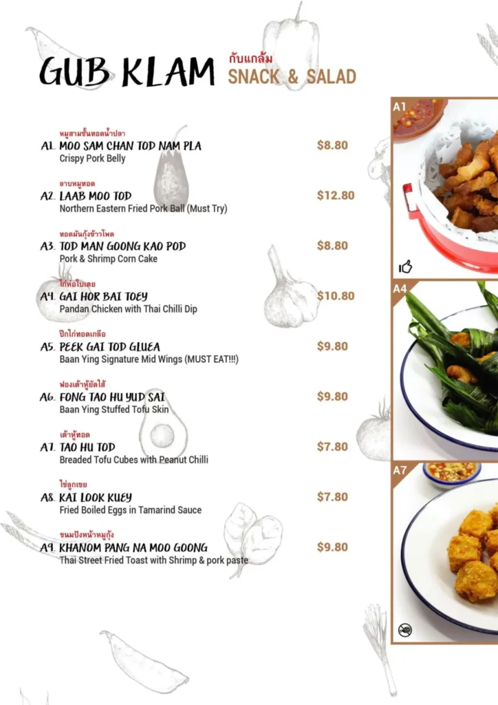 BAAN YING SNACK AND SALAD MENU PRICES 