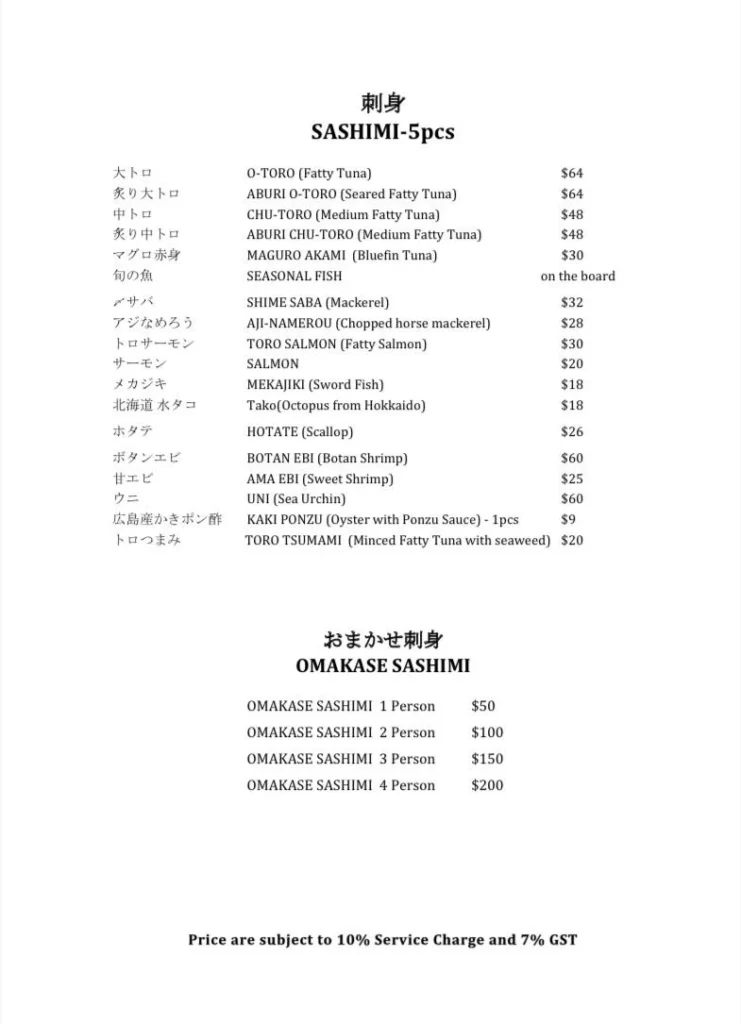 KAN SUSHI SASHIMI MENU PRICES