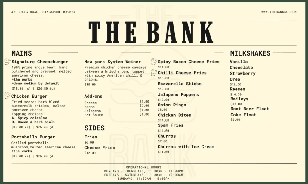 THE BANK MENU SINGAPORE