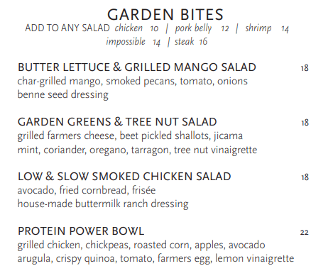 Yardbird Garden Bites Menu Price 