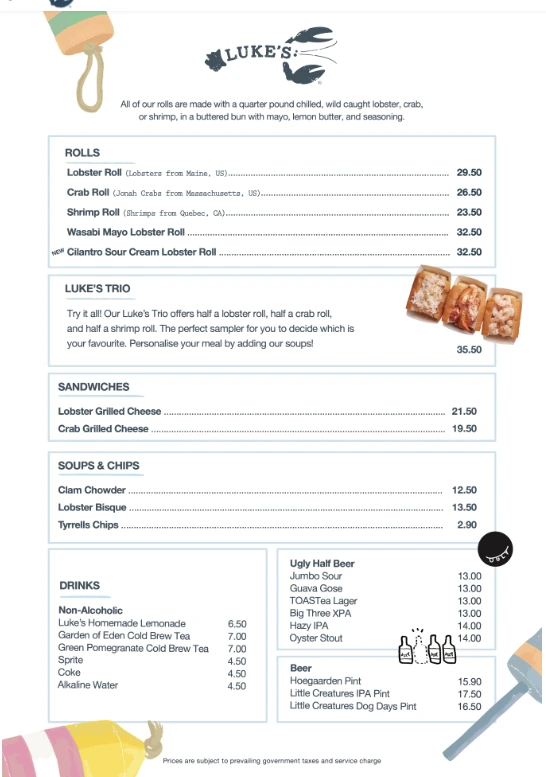 LUKE'S LOBSTER MENU SINGAPORE & UPDATED PRICES FEBRUARY 2025