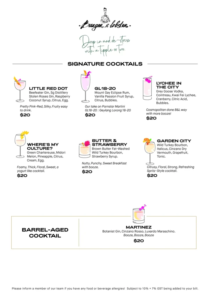 BURGER & LOBSTER signature cocktails menu 