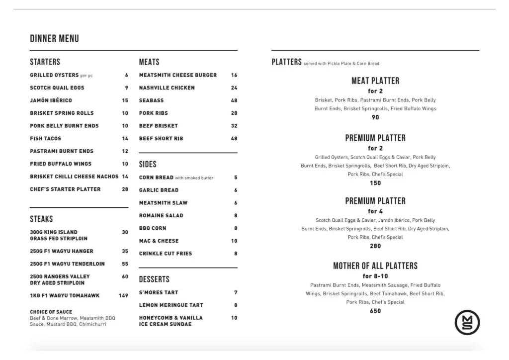 MEATSMITH TELOK AYER MENU SINGAPORE & UPDATED PRICES 2024