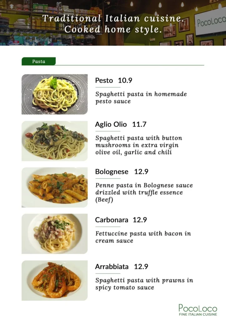 POCOLOCO MENU – PASTA PRICES