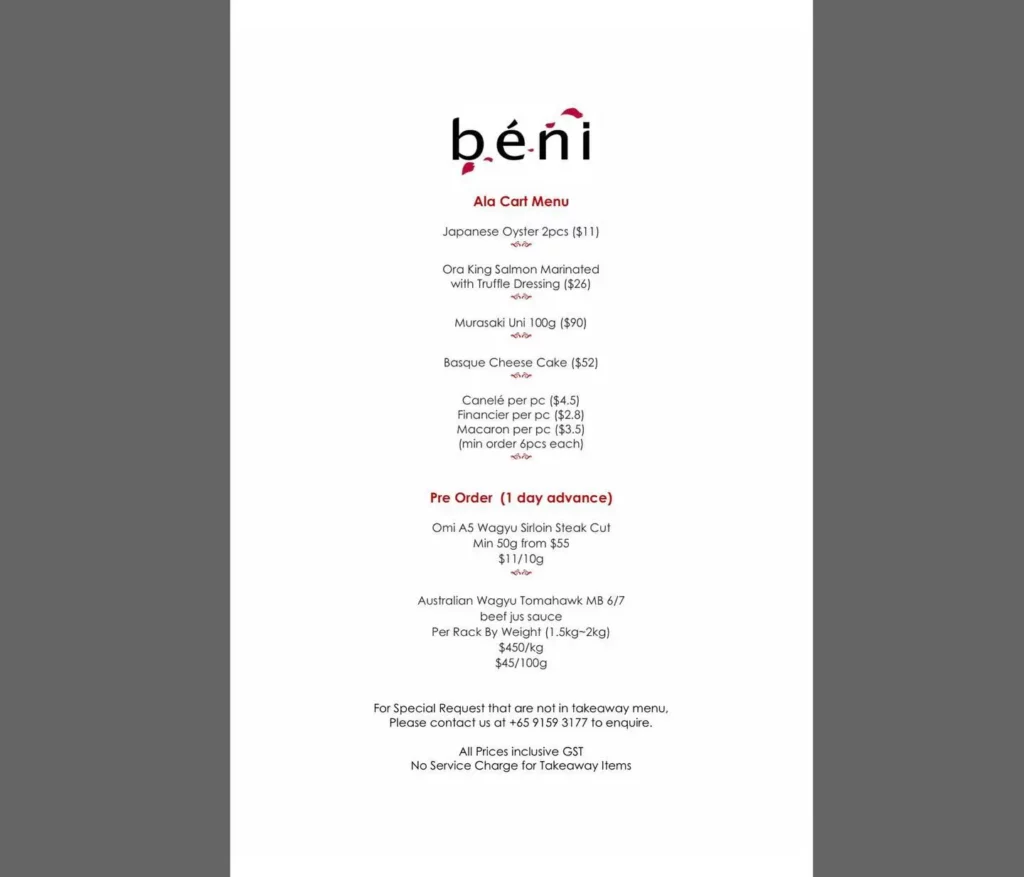 BENI MENU SINGAPORE