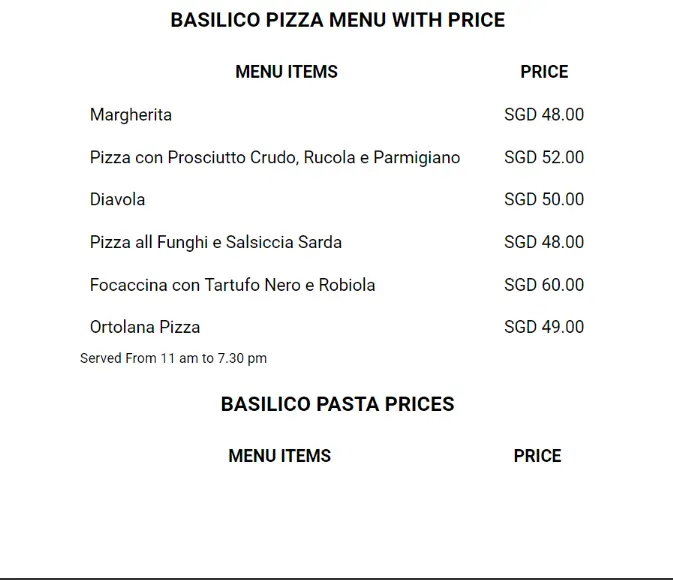 BASILICO MENU SINGAPORE