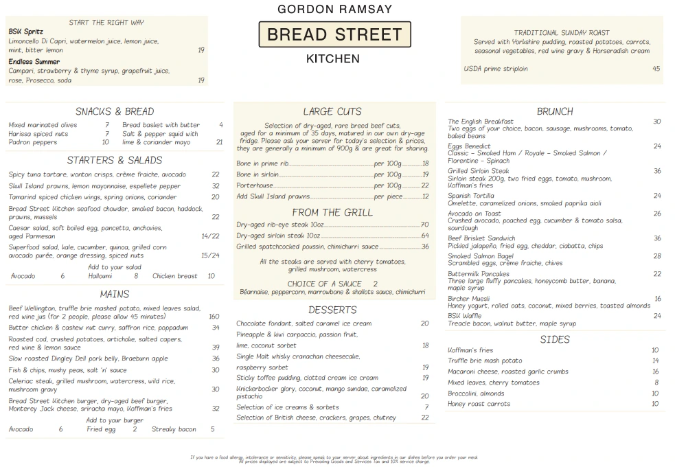 Bread Street kitchen Menu Singapore 