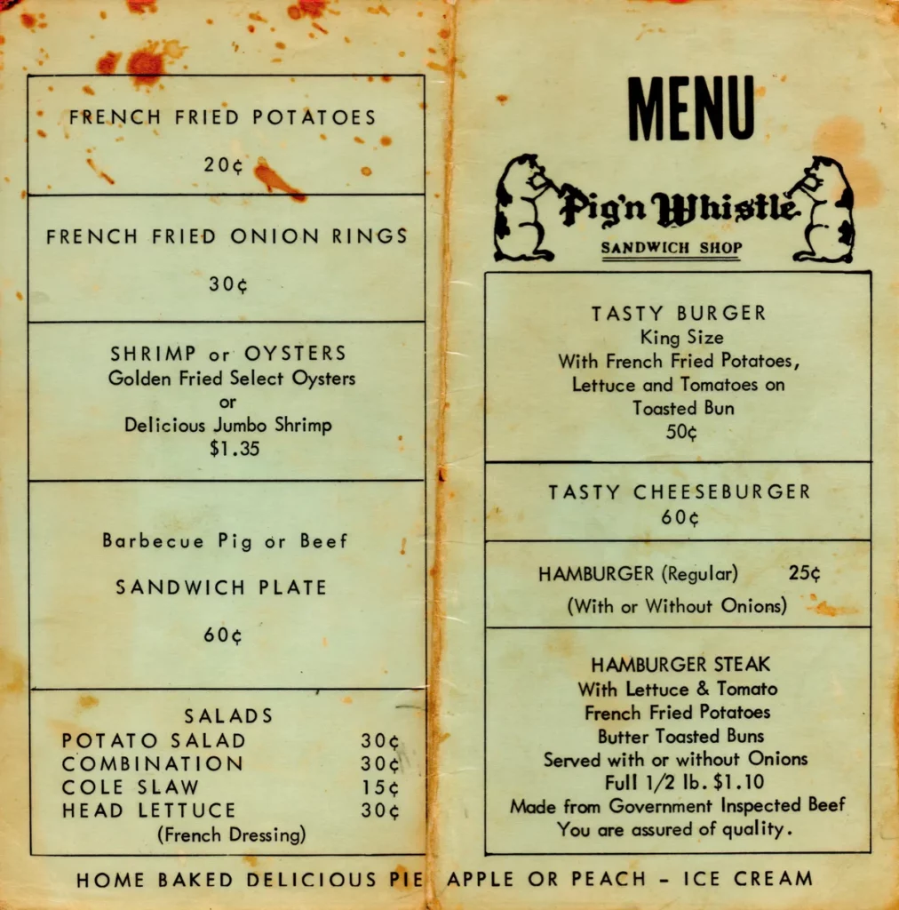 PIG N WHISTLE MAINS MENU WITH PRICES