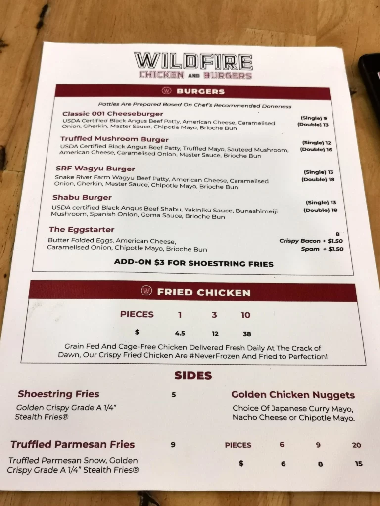 WILDLFIRE BURGERS MENU SINGAPORE