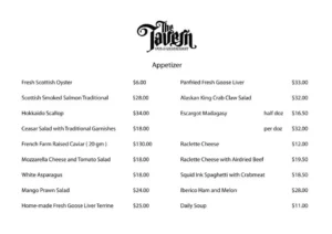 The Tavern Restaurant Menu Singapore