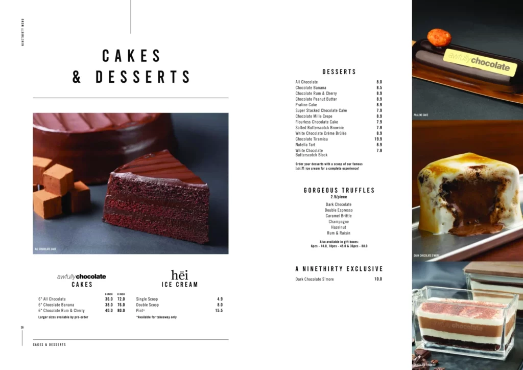 Awfully chocolate MENU Cakes & Desserts prices
