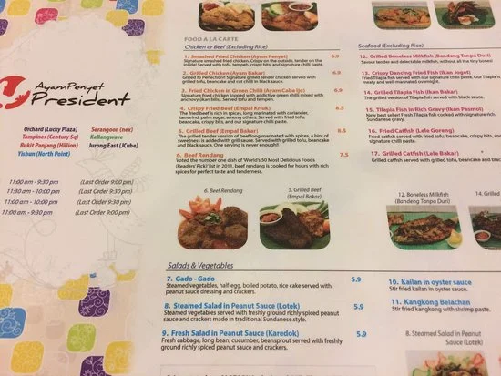 Ayam Penyet President Menu Singapore 