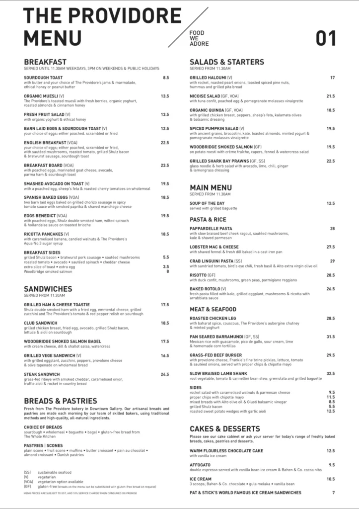 THE PROVIDORE MENU SINGAPORE