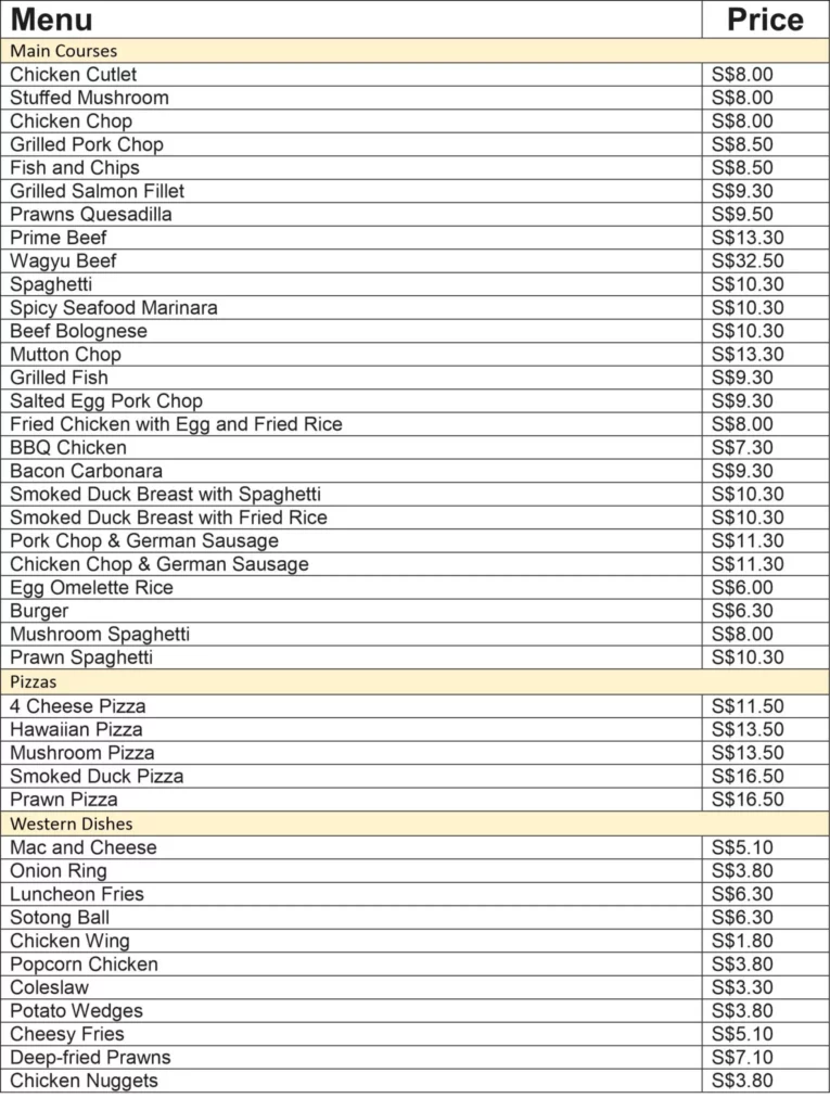 WESTERN & SALAD BAR MENU SINGAPORE